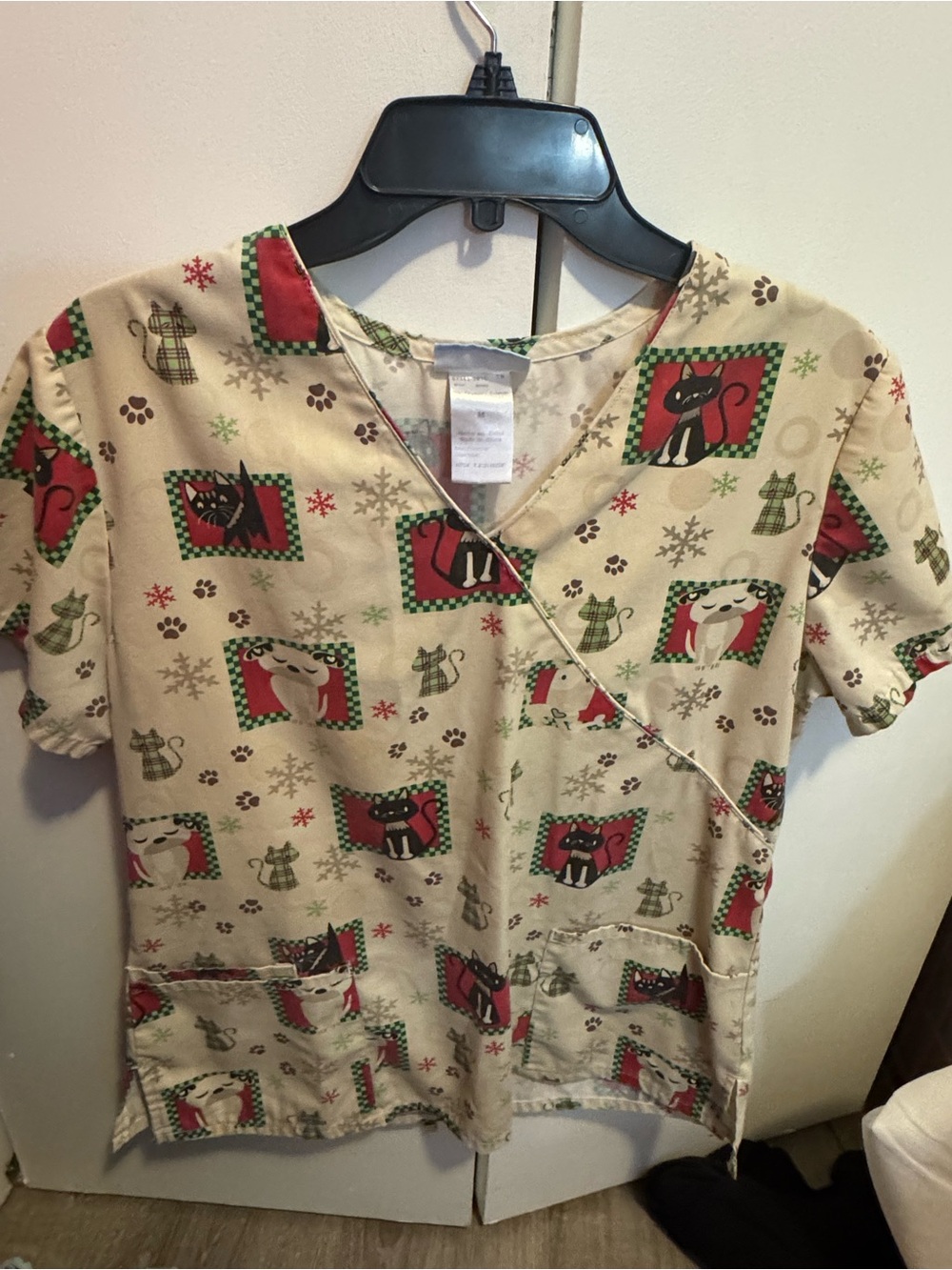 Beige Holiday Cat Print Wrap Top